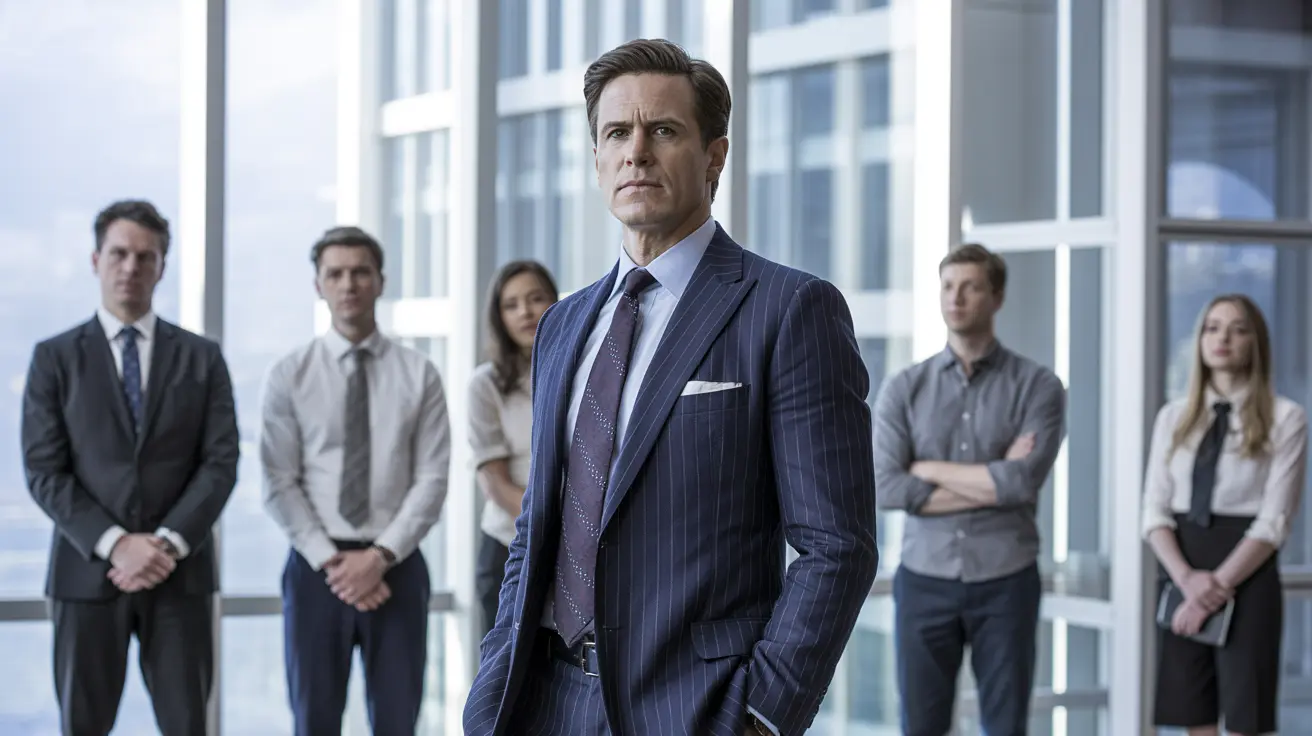 A well-dressed business leader stands in front of his team in a modern, high-rise office. Structure.