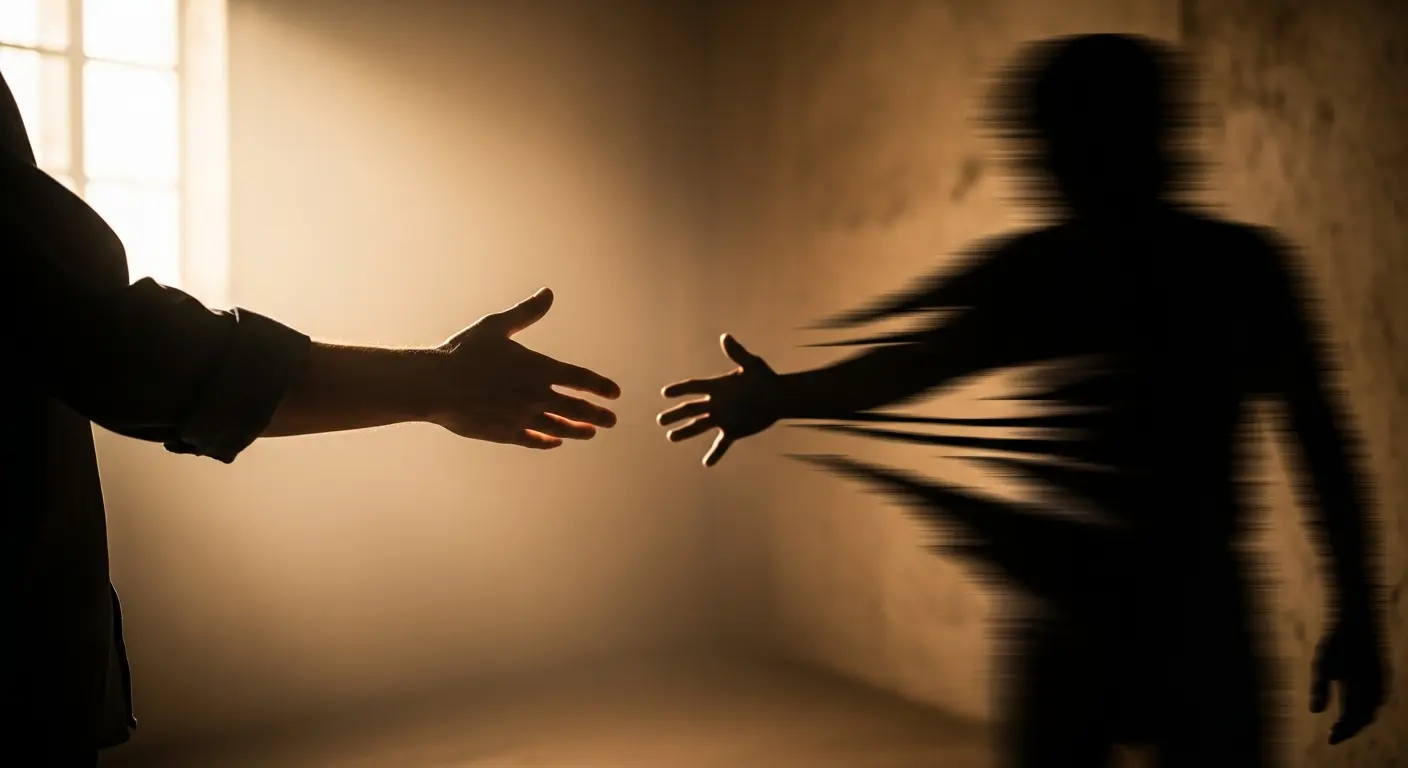 A handshake reaching toward a dark, blurry, and motion-distorted shadow figure, representing The Danger of Helping Those Who Undermine You
