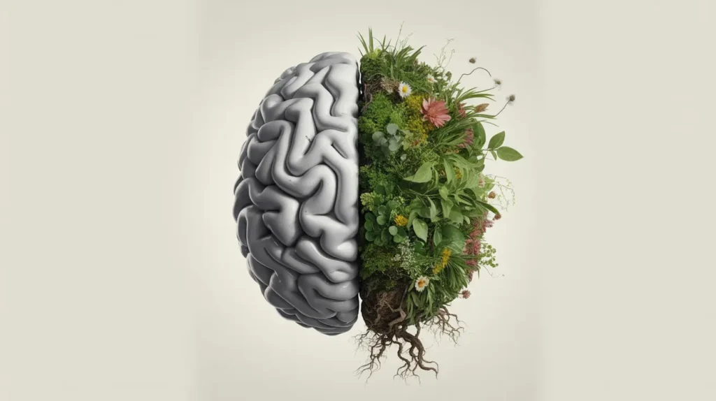 A split image of a human brain, with one half gray and the other half vibrant with Successful green growth.