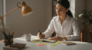 Woman planning with notes and journal at desk, showing focus and Resourcefulness in work.