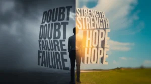 A person stands between dark side with "DOUBT, FAILURE" and bright side with Self-Talk, STRENGTH, HOPE.