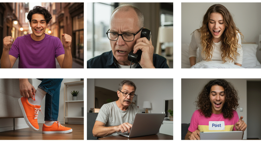 A 2x3 grid of diverse people: excited youth outdoors, angry man on phone, laughing woman in bed, feet in orange shoes, man at laptop, thrilled person posting on tablet.
