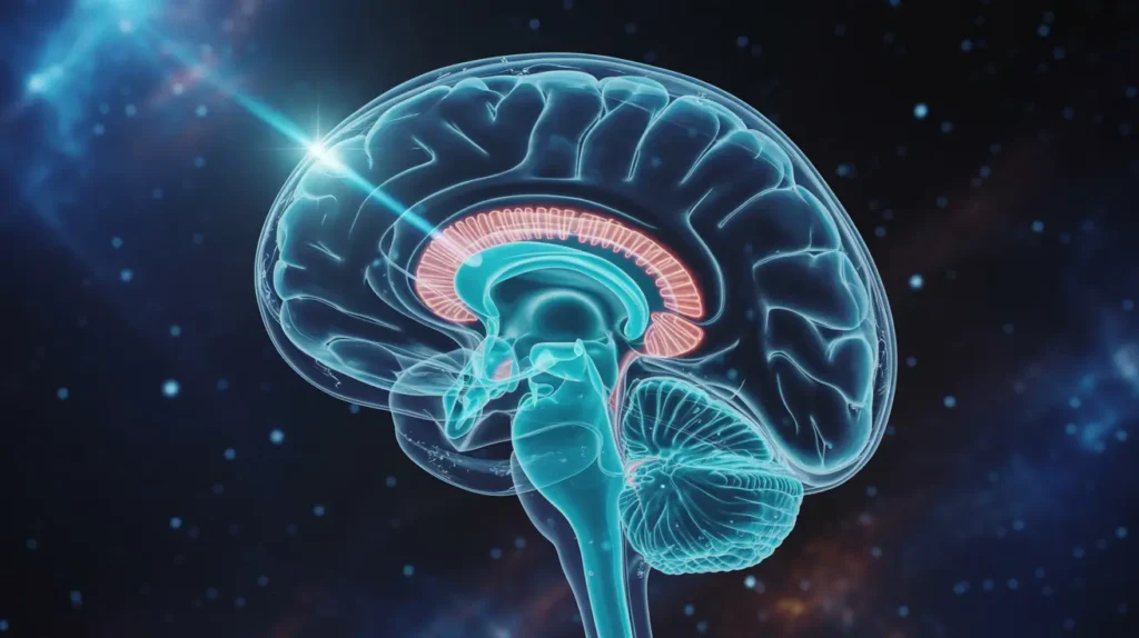 Conceptual illustration of a glowing human brain with the Reticular Activating System (RAS) highlighted in red