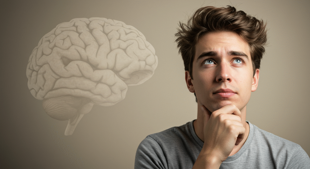 Young man thinking with illustrated brain in background, symbolizing mindset and decision-making process.