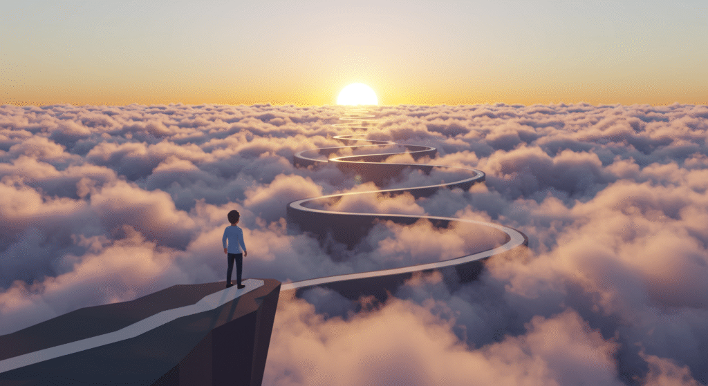 Risk-Taker’s Guide to Growth: An entrepreneur leaps from one cliff to another, symbolizing courage.