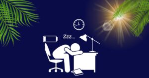 A serene yet somber illustration unfolds under a deep navy-blue sky, where a lone figure sits slumped at a white desk, head resting heavily on their folded arms—a silent testament to exhaustion. Above them, a minimalist white clock face reads 10:10, its hands frozen in time, while a low-battery icon floats nearby, mirroring the person’s depleted energy. A solitary desk lamp casts a warm glow, its light pooling around the figure like a futile attempt to stave off fatigue. Beneath the table, a fallen book lies open, its pages splayed as if abandoned mid-read. Flanking the scene, vibrant green palm fronds curve inward from opposite corners, framing the moment with organic grace. In the upper right, a radiant sunburst pierces the darkness, its golden rays suggesting dawn’s arrival—or perhaps the fleeting hope of renewal. The composition poignantly captures the tension between relentless work and the inevitability of rest, rendered in stark contrasts of light and shadow, life and stillness.