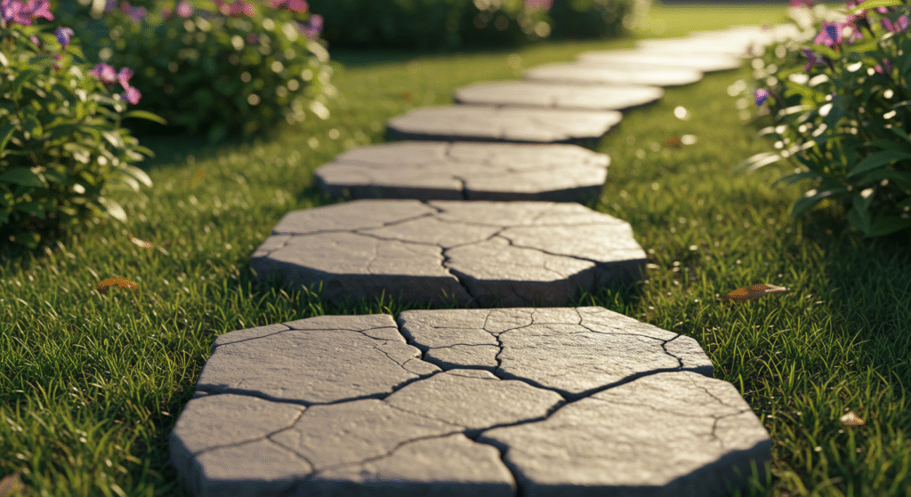 A scenic garden path with cracked stone stepping stones set in lush green grass, flanked by vibrant purple flowers under soft sunlight.