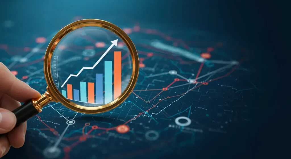 A hand holds a magnifying glass over a digital data network, with a rising bar chart.