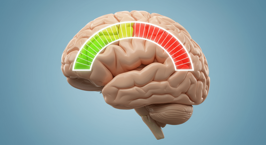 3D brain with stress level gauge, concept of Brain Drain and Success Block indicator.
