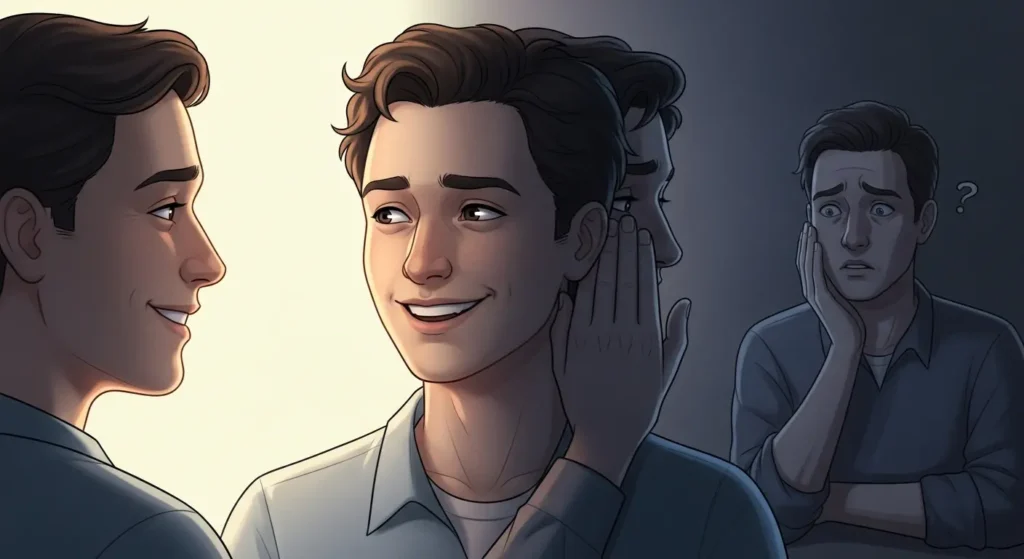 Illustration showing someone acting supportive in front but secretly undermining behind the scenes