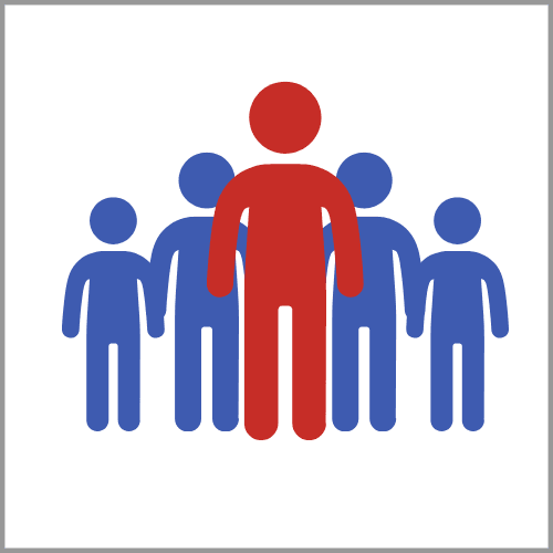 A red figure standing out among blue figures in a group