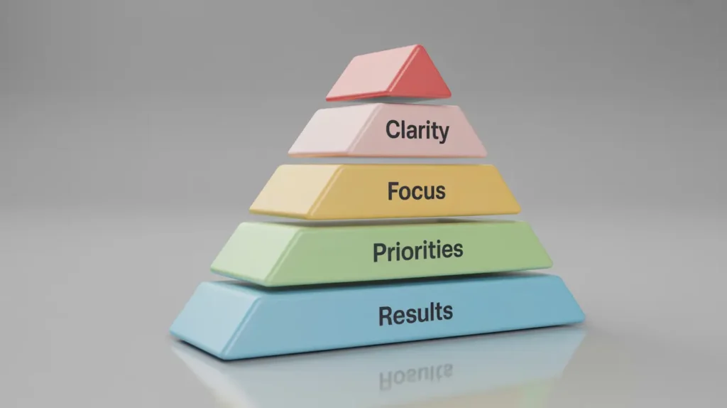 A five-layered pyramid showing the building blocks of success: Results, Priorities, Focus, and Clarity.