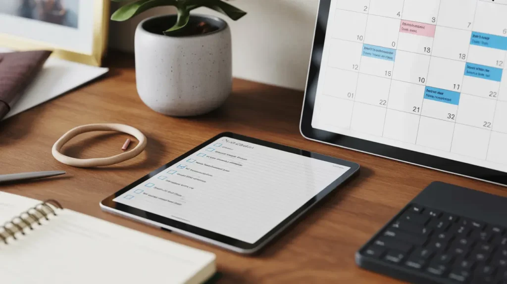 A calendar, to-do list, and notebook on a desk. This illustrates the idea of using systems for daily planning.