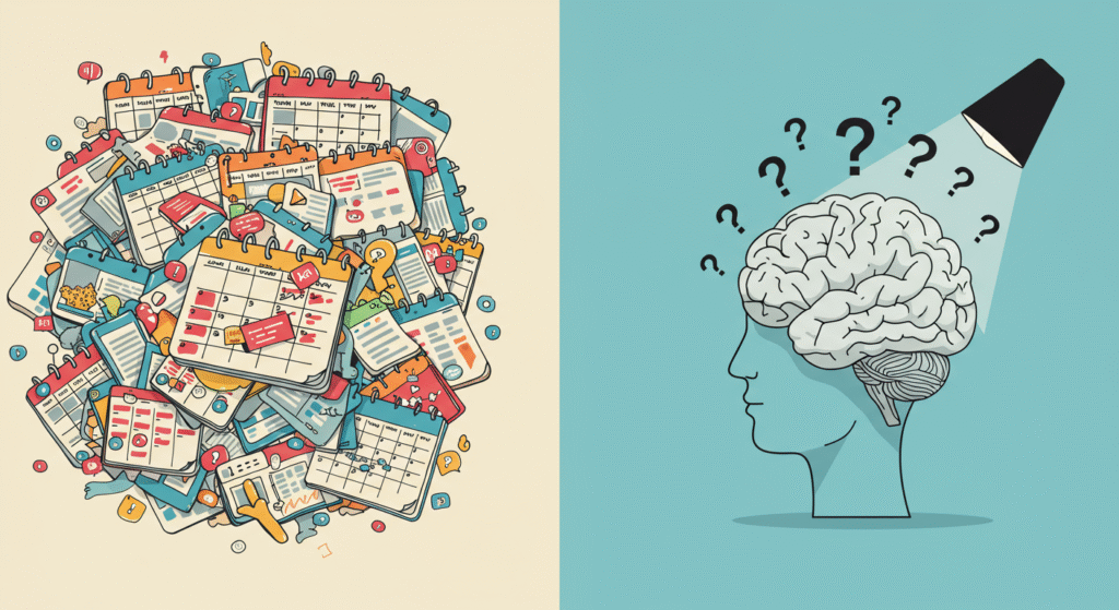A pile of calendars on the left and a head with a brain under a spotlight with question marks.