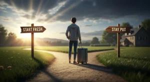 A person stands at a fork in a dirt road between signs reading "START FRESH" and "STAY PUT," symbolizing When to Take the Plunge and make a life choice