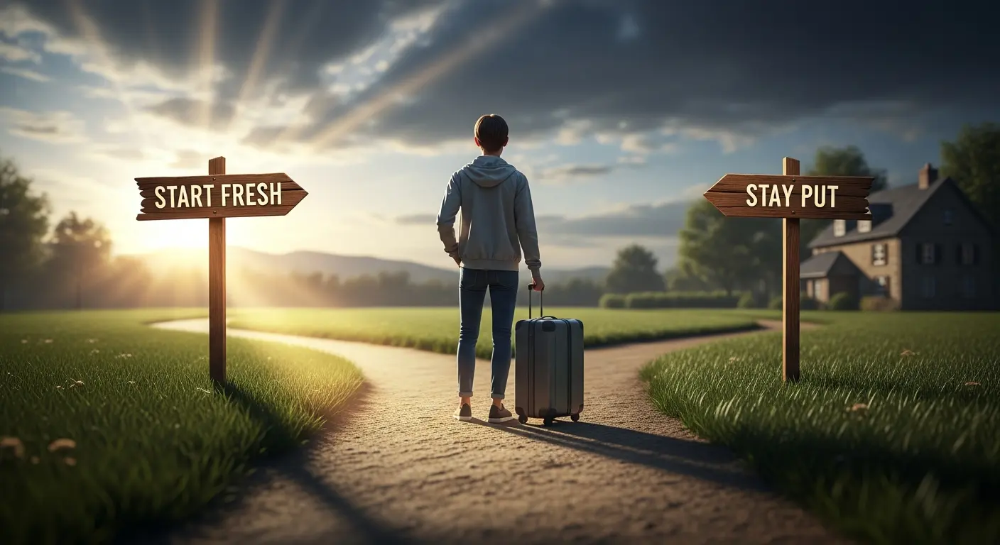 A person stands at a fork in a dirt road between signs reading "START FRESH" and "STAY PUT," symbolizing When to Take the Plunge and make a life choice