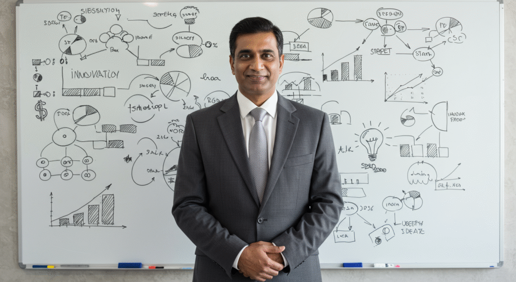 Business professional standing confidently before whiteboard filled with strategy and innovation ideas.