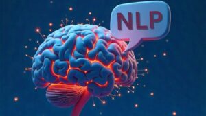A vibrant, glowing blue brain with a red speech bubble saying "NLP" and sparkling lights, illustrating "Why Choose NLP.