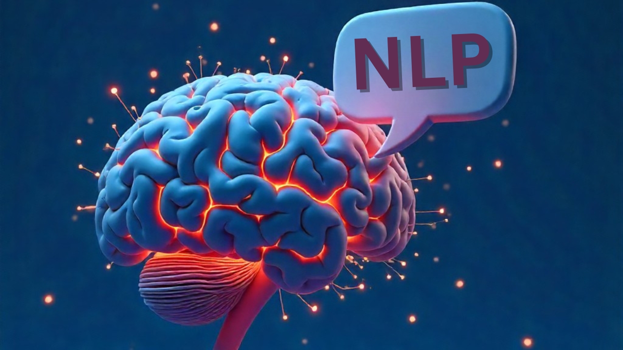 A vibrant, glowing blue brain with a red speech bubble saying "NLP" and sparkling lights, illustrating "Why Choose NLP.