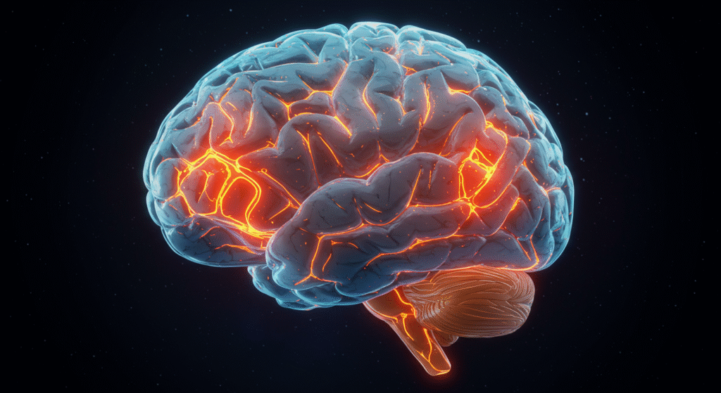3D illustration of a human brain with glowing orange neural pathways on a blue surface, set against a dark starry background.