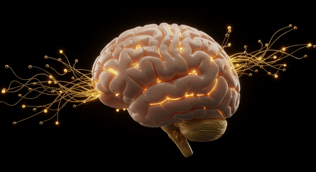 3D brain with glowing golden neural wires symbolizing rewiring thoughts and shifting business mindset.
