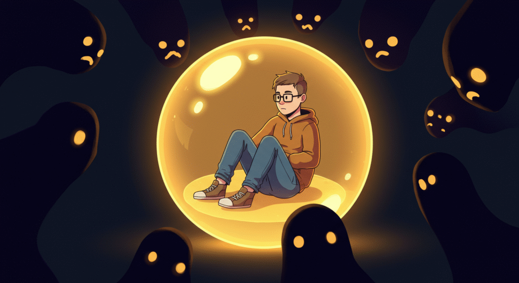 
A man sits safely inside a glowing bubble, surrounded by shadowy figures with sad faces.
