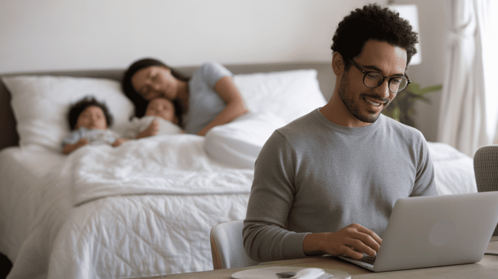 Working parent enjoying productive morning routine before family wake-up time