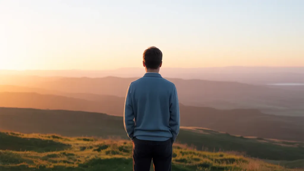 A man on a hill, a simple trick to find peace, watches the sunrise over rolling hills.