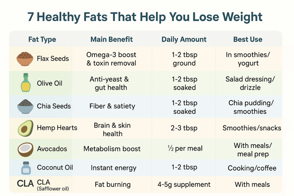 7 healthy fats with benefits, daily amounts, and best uses