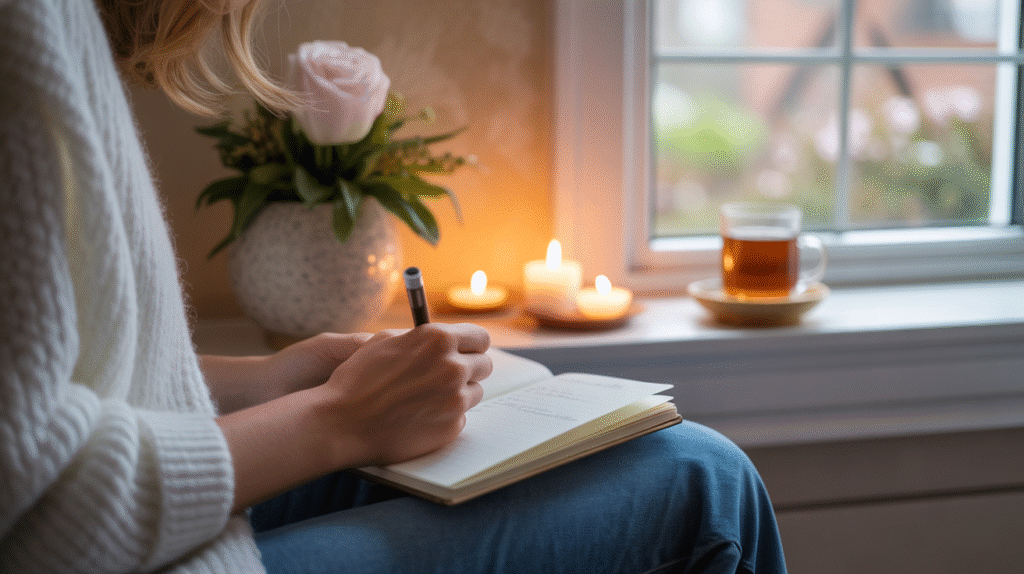 This image beautifully captures a peaceful moment of self-reflection and tranquility, highlighting the power of journaling to find calm.