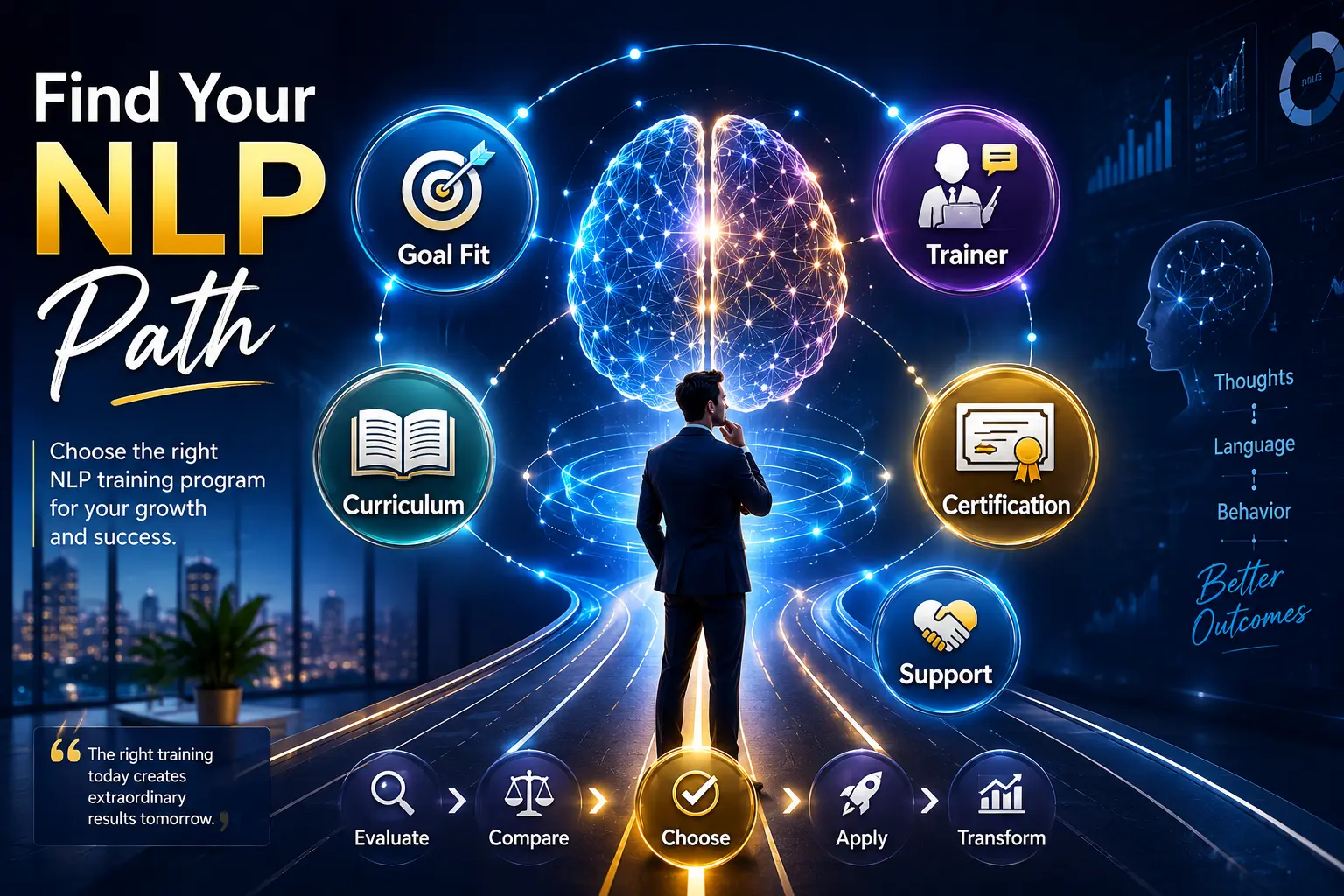 NLP training program selection infographic showing key factors such as goal fit, curriculum, trainer quality, certification, and support to help choose the right NLP path for personal and professional growth.
