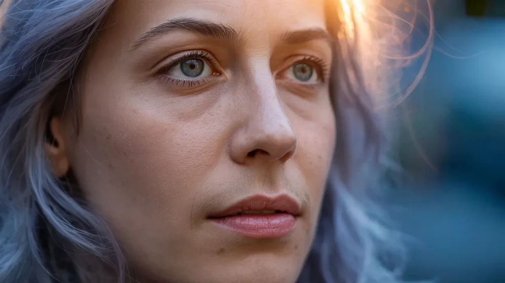 A close-up of a person with light blue hair, a calm expression, and soft lighting.