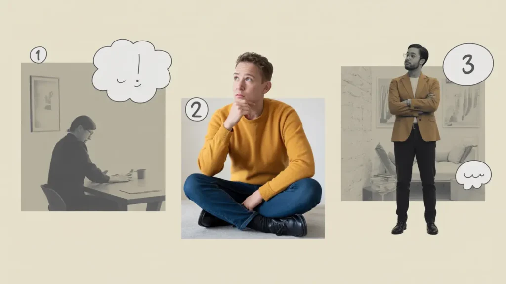 Test prep stages: 1. Studying at a desk. 2. Thinking. 3. Reflecting.