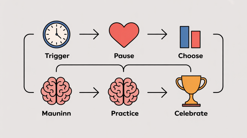 
A flowchart diagram showing a "Trigger" (clock) leading to "Pause" (heart) and then "Choose" (bars). Below, "Mauninn" (brain) leads to "Practice" (brain) then "Celebrate" (trophy).