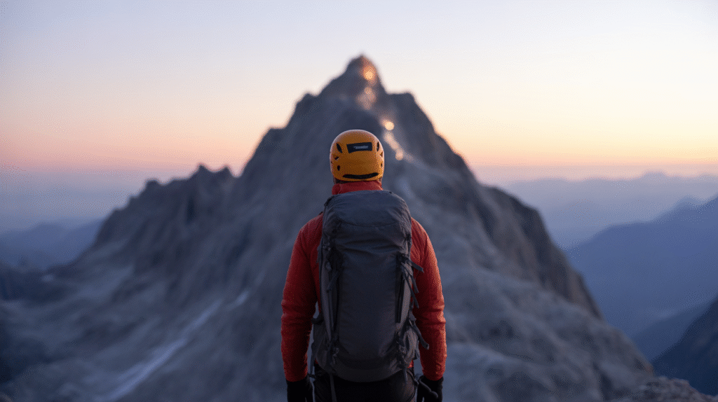A hiker in a helmet and backpack looks at a mountain peak at sunrise, with a clear glass jar of kefir on a wooden table.
