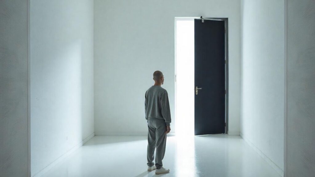 A lone figure stands in a bright, empty room, facing a partially open dark door with light pouring in.