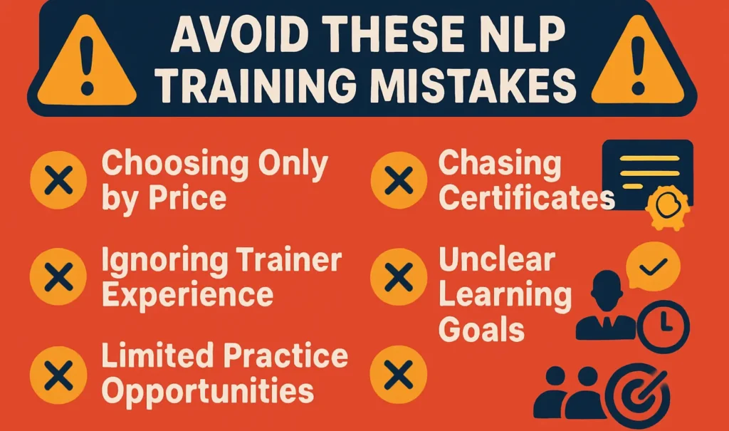 Infographic highlighting common NLP training mistakes like price focus and unclear goals