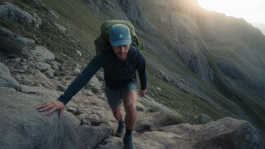 A focused hiker climbs a steep, rocky mountain trail at sunset, with a bottle of kefir in a clear glass jar on a wooden table.