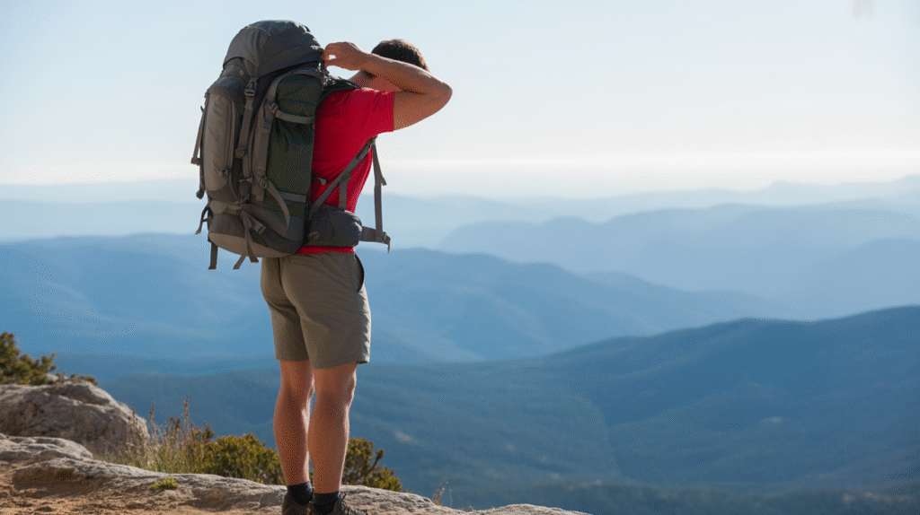 A hiker removes a backpack on a cliff overlooking a hazy mountain range with a clear glass jar of kefir on a wooden table.