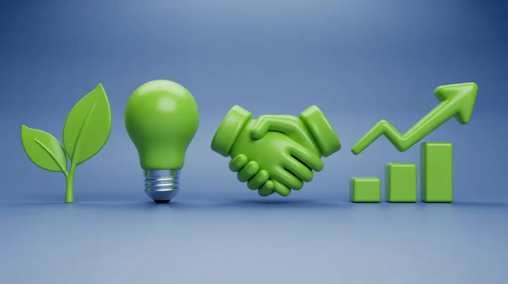 A series of 3D eco icons showing a leaf, lightbulb, handshake, and an upward-trending bar graph.