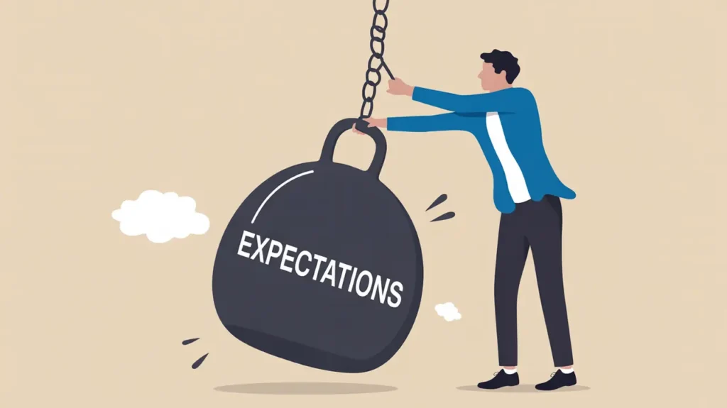 A person holds a giant wrecking ball labeled "EXPECTATIONS," suggesting the burden of high hopes.