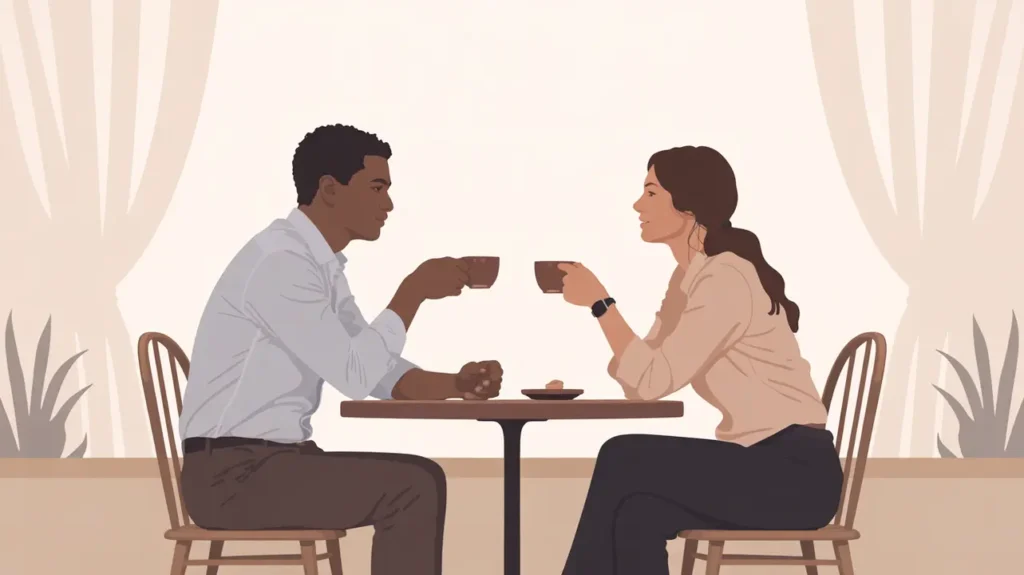Two people are sitting at a table, enjoying coffee together, depicting a moment in their relationships.