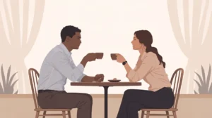 Two people are sitting at a table, enjoying coffee together, depicting a moment in their relationships.