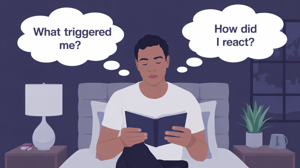 A person sits in bed reading a book, with thought bubbles asking "What triggered me?" and "How did I react?