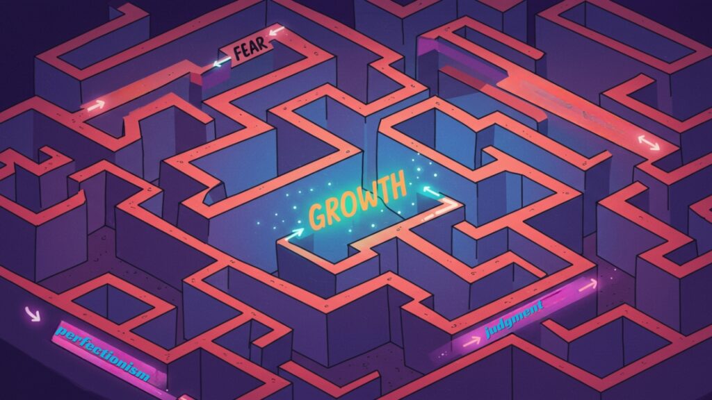 3D maze illustration with "GROWTH" at the center, surrounded by paths labeled "FEAR," "PERFECTIONISM," and "JUDGMENT" on a vibrant background.