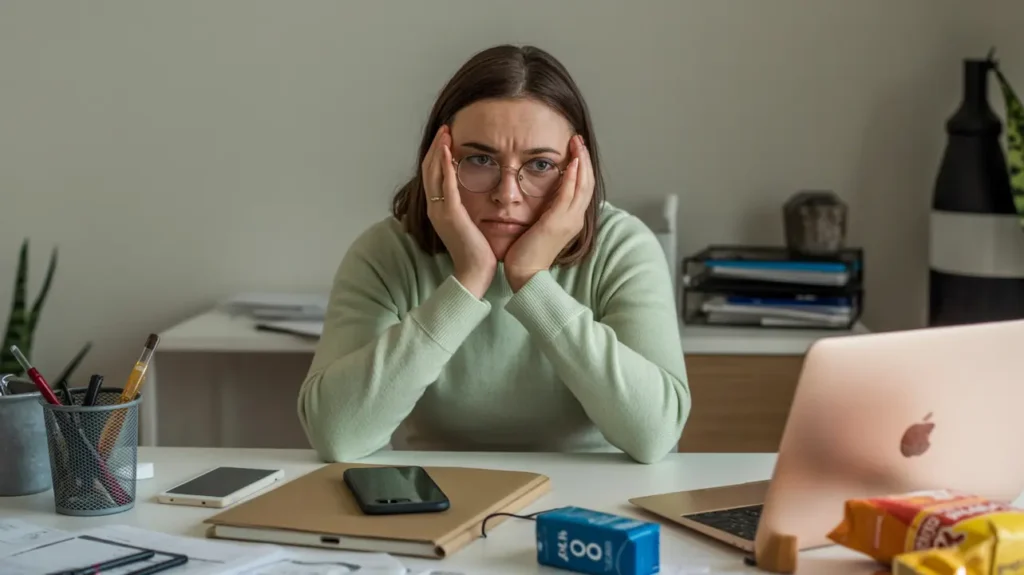 A frustrated person with glasses sits at a cluttered desk, looking overwhelmed.