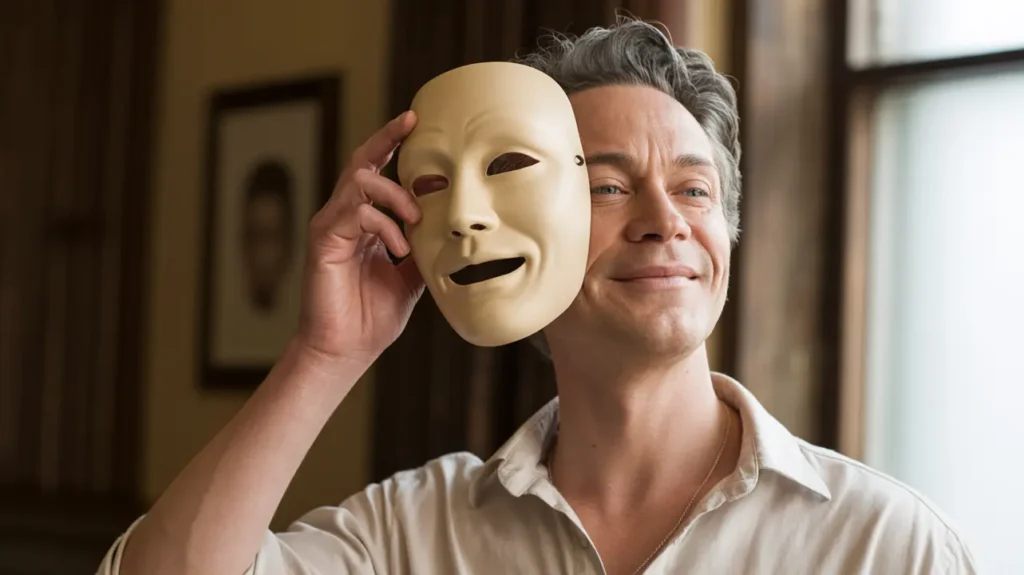 Man holds a smiling mask to his face, ready to "Drop the Mask" and reveal his true self.