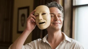 Man holds a smiling mask to his face, ready to "Drop the Mask" and reveal his true self.
