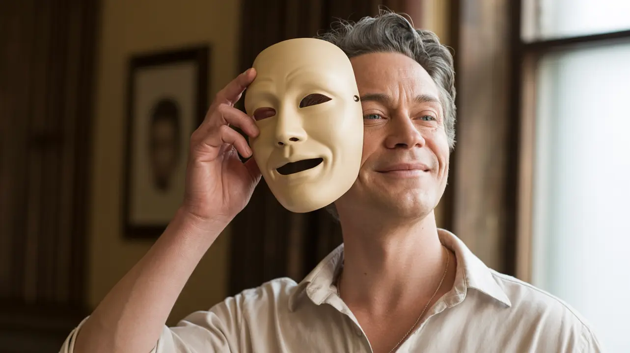 Man holds a smiling mask to his face, ready to "Drop the Mask" and reveal his true self.