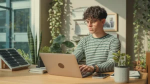 ECO Preneurship: Young ECO Preneur working on a laptop with a small solar panel.